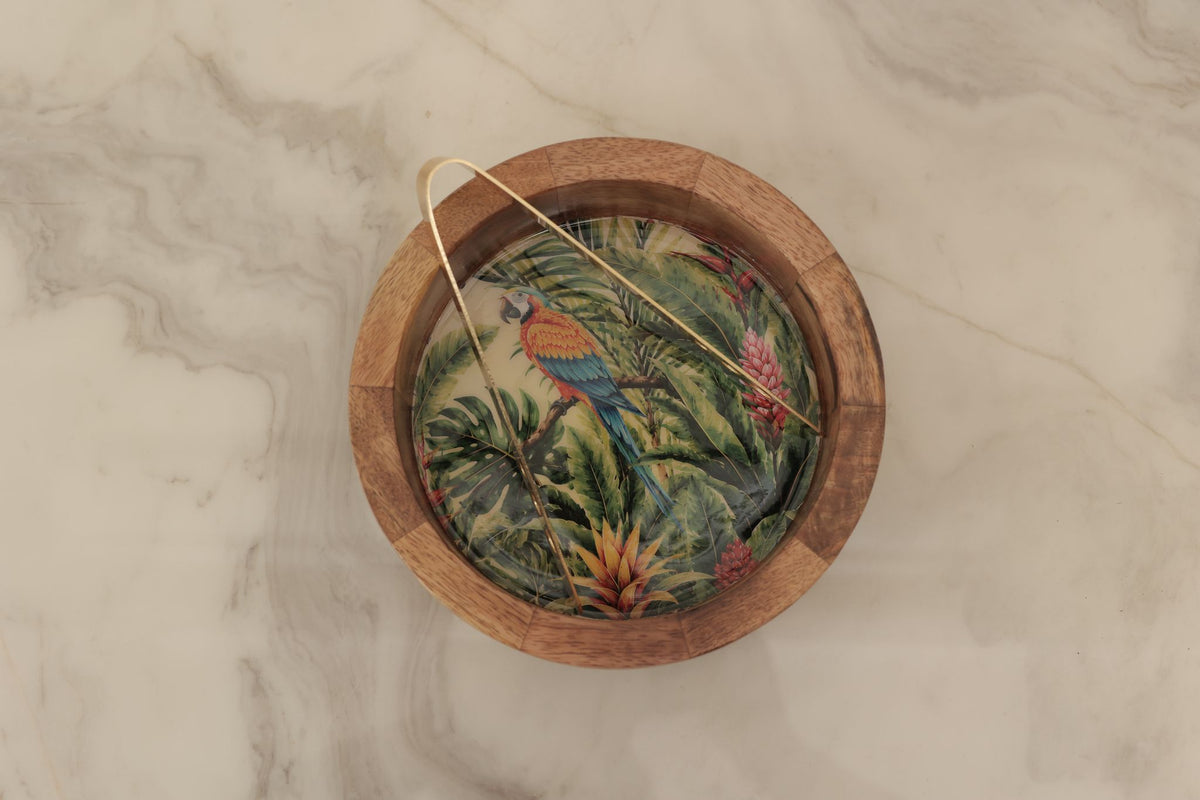 Fern & Feather Wooden Bowl with Brass Tongs, top view Main image