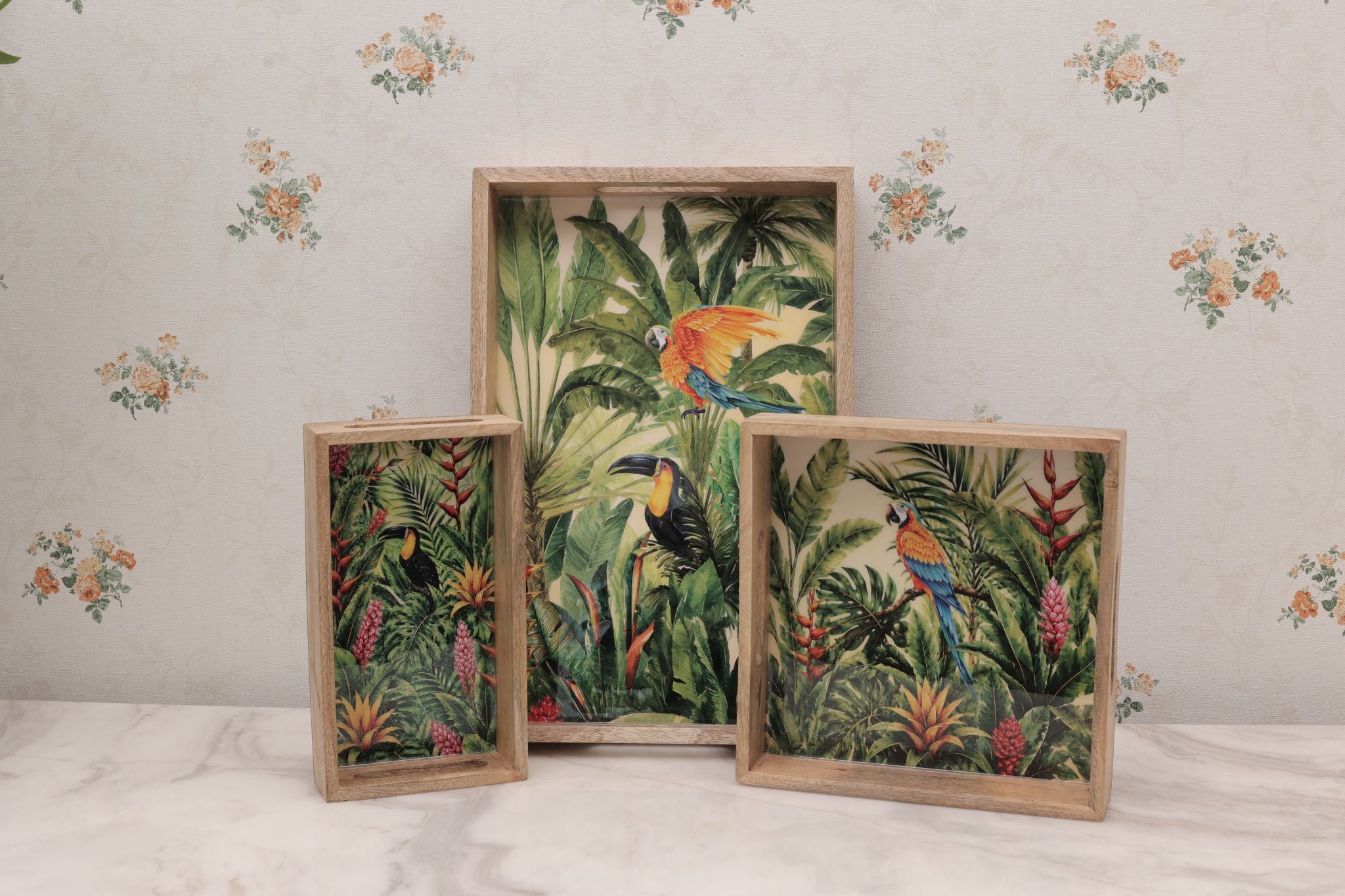 Fern & Feather Set of 3 Wooden Rectangular Serving Trays Main image