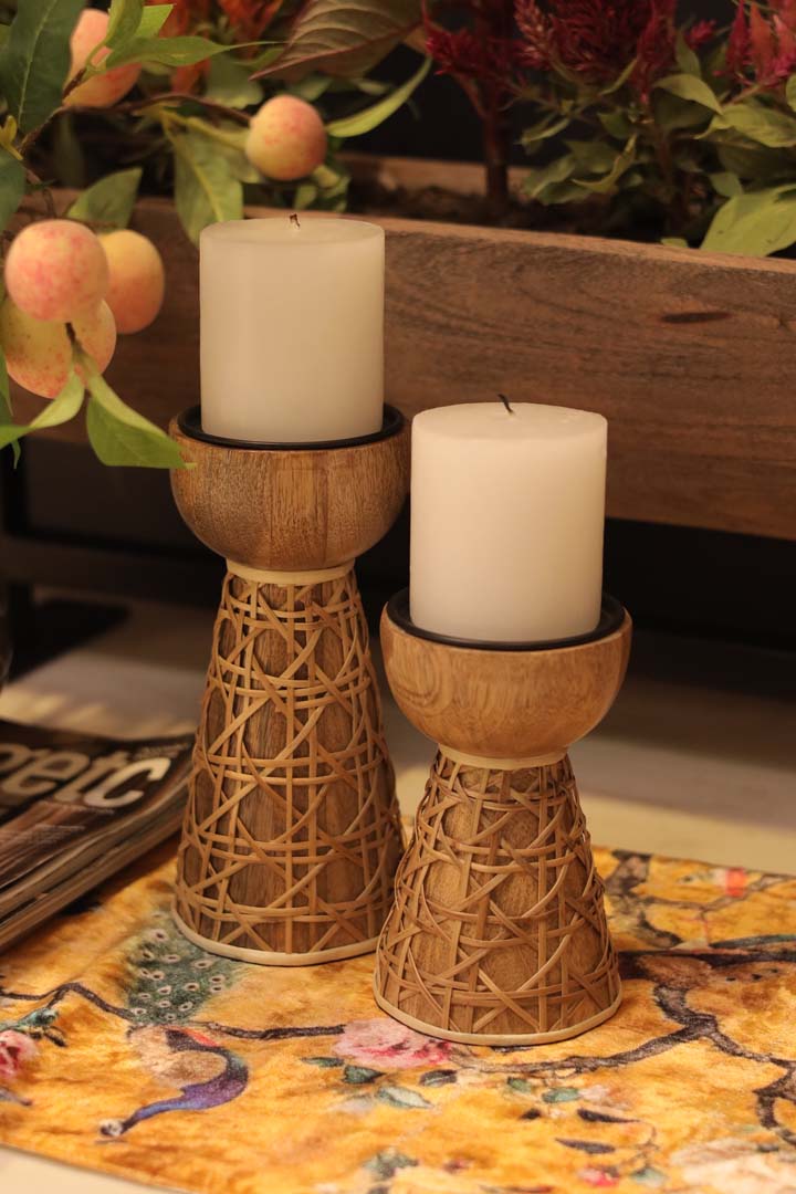 Cane Wood Candle Stands| Set of 2