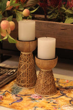Cane Wood Candle Stands| Set of 2