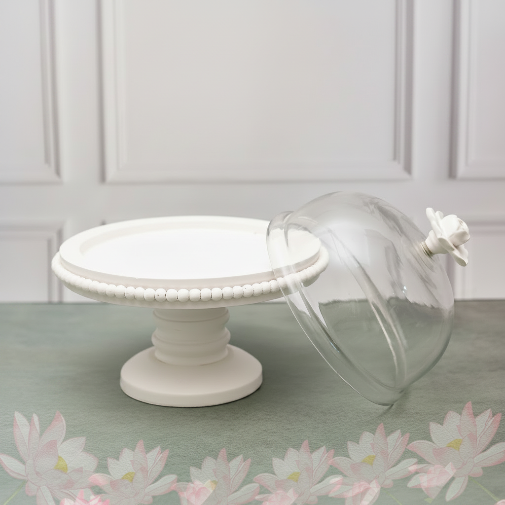Large Beaded Cake Platter with Pedestal and Dome