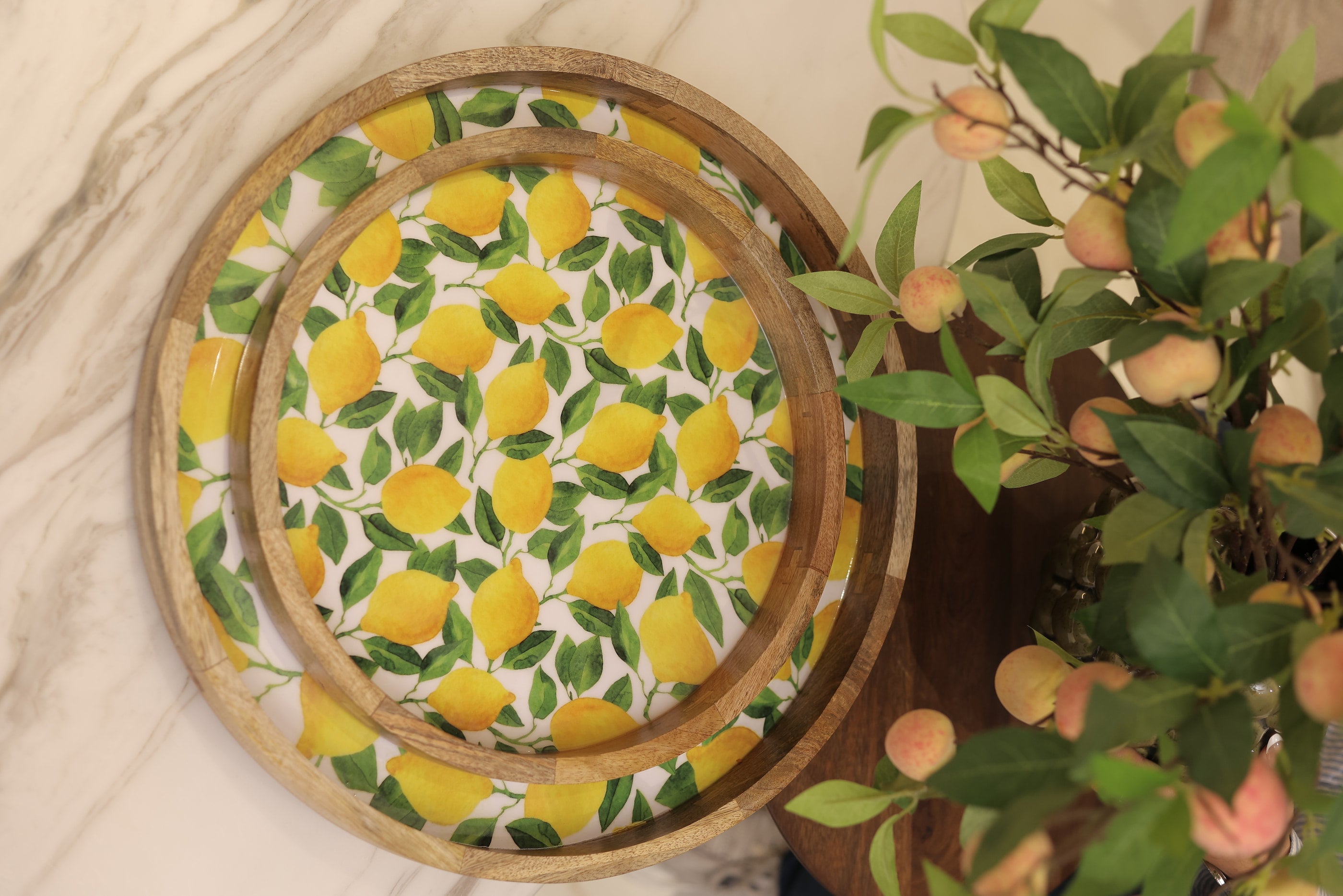 Lemon Wood Round Tray Set of 2