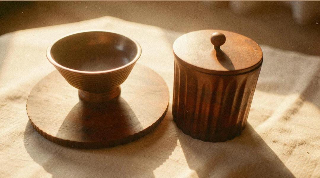 Wooden serving setup with a round wooden board, pedestal bowl and lidded wooden ice bucket