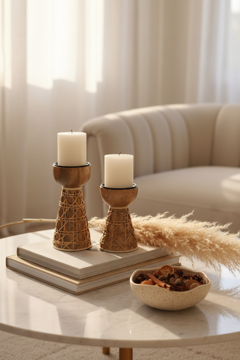 Cane Wood Candle Stands| Set of 2 Secondary image